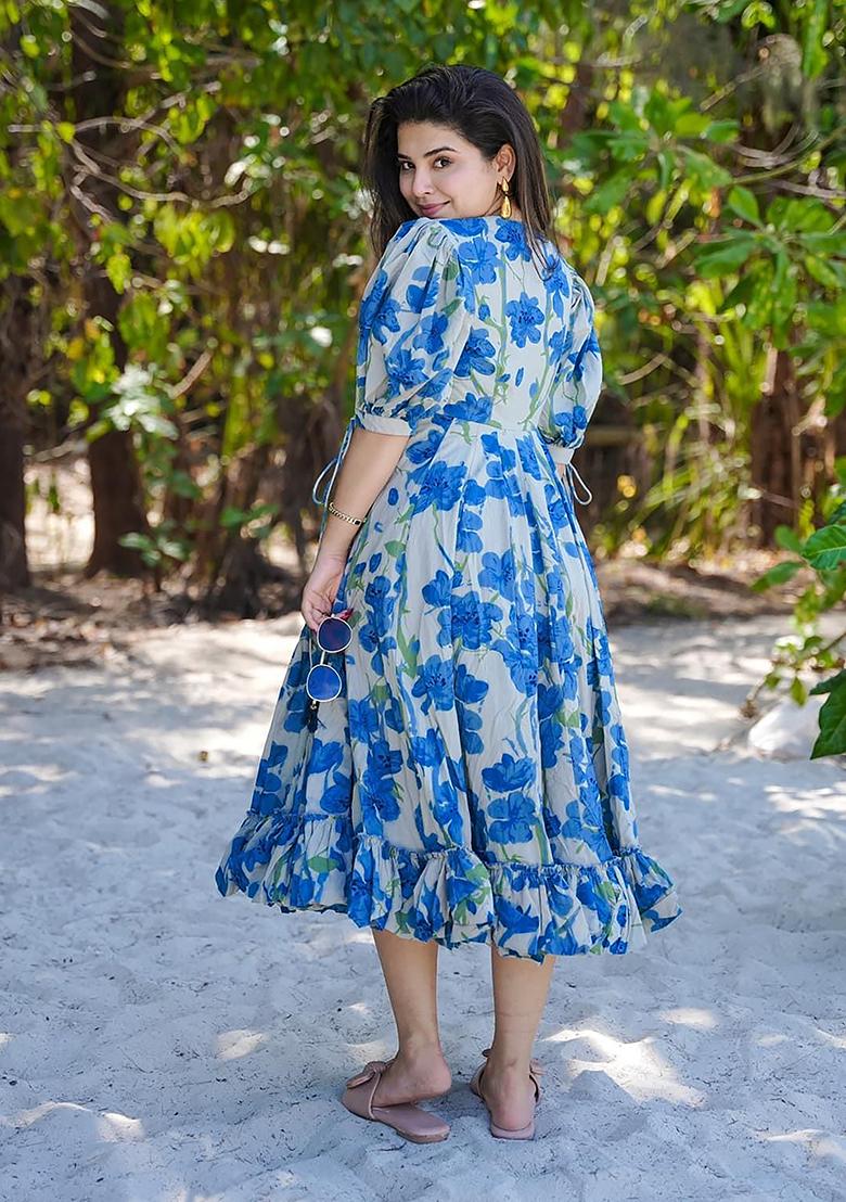 Blue Floral Print Rayon Kurta - Indya