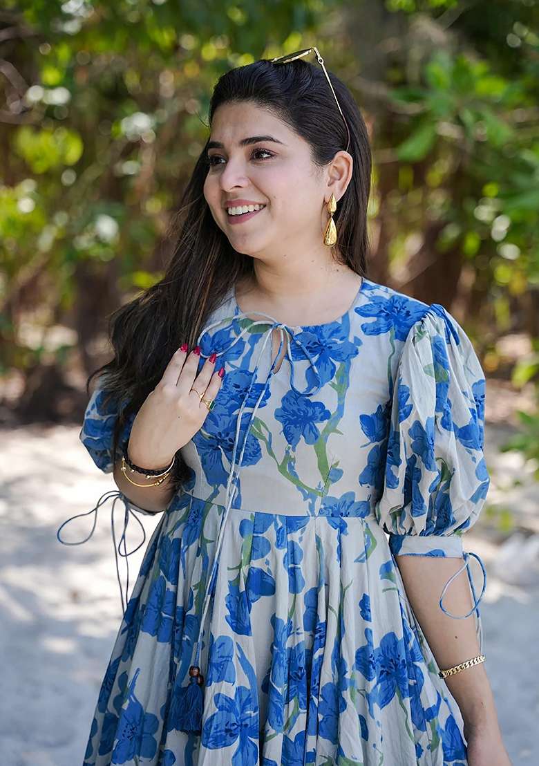 Blue Floral Print Rayon Gown - Indya