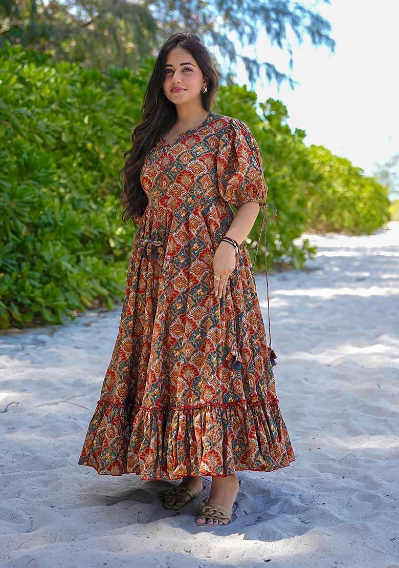 Multicolour Printed Rayon Gown - Indya