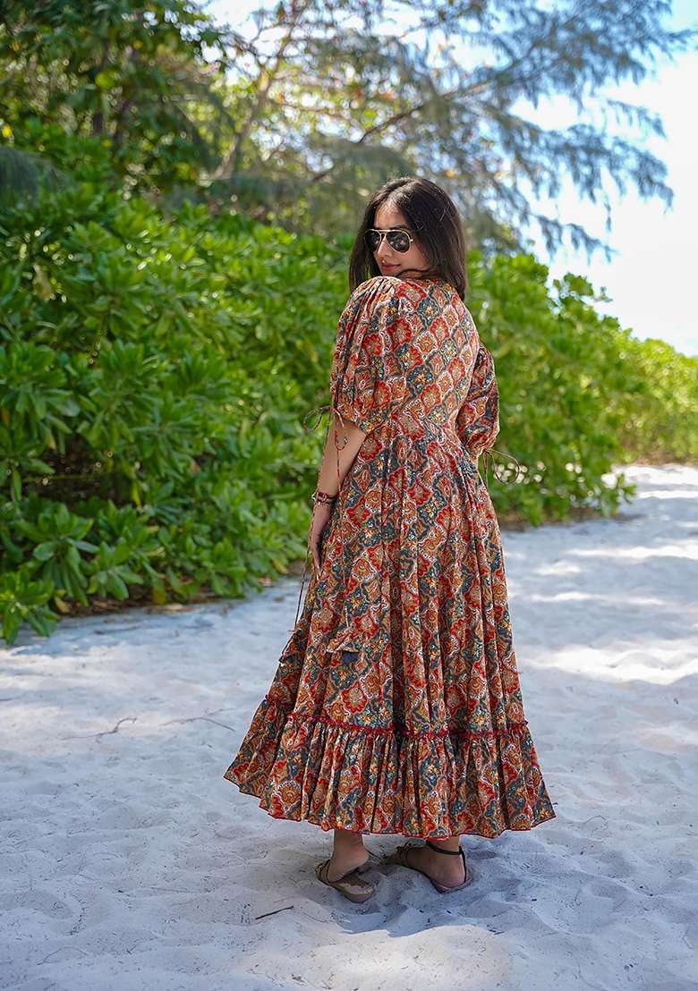 Multicolour Printed Rayon Gown - Indya