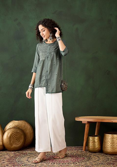 Olive Resham Embroidered Rayon Kurta