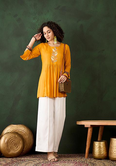 Mustard Resham Embroidered Rayon Kurta