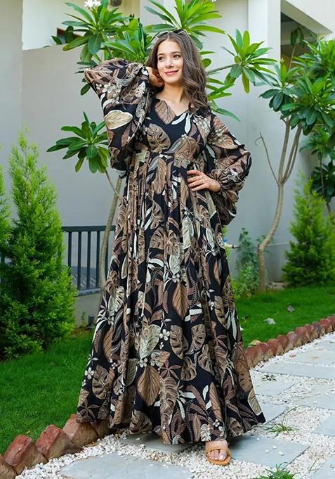 Black Abstract Print Art Silk Gown