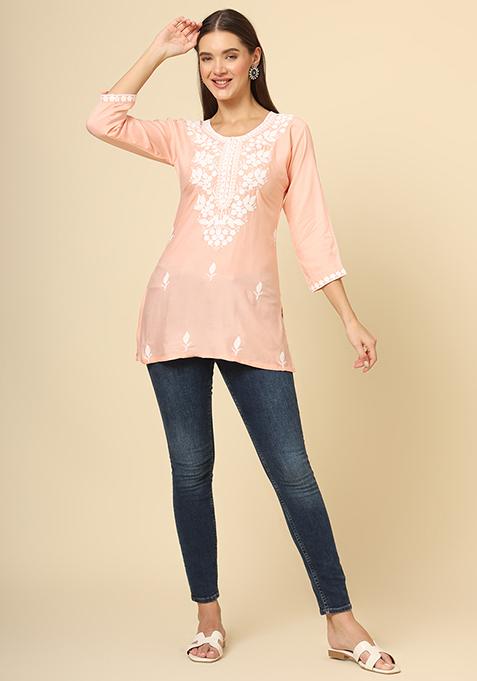 Pink Resham Embroidered Rayon Kurta