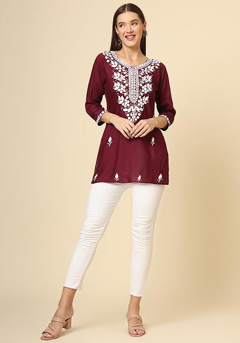 Wine Resham Embroidered Rayon Kurta