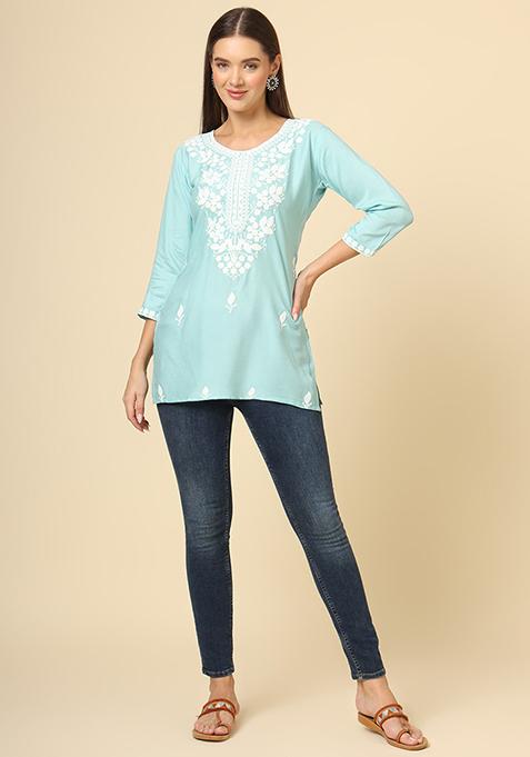 Sky Blue Resham Embroidered Rayon Kurta