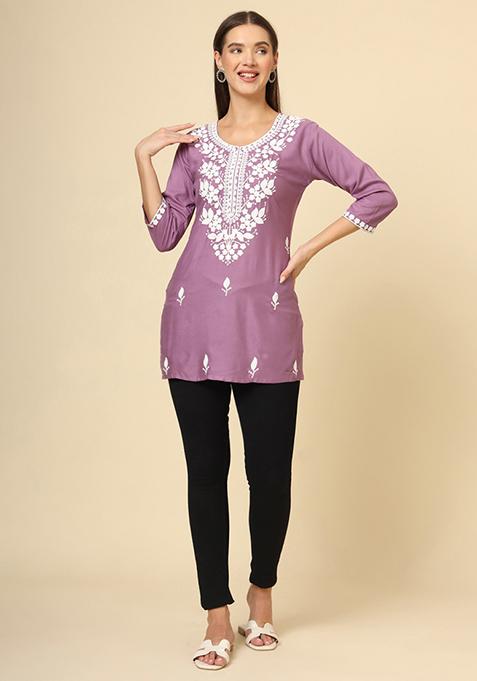 Purple Resham Embroidered Rayon Kurta