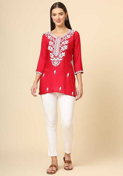 Red Resham Embroidered Rayon Kurta