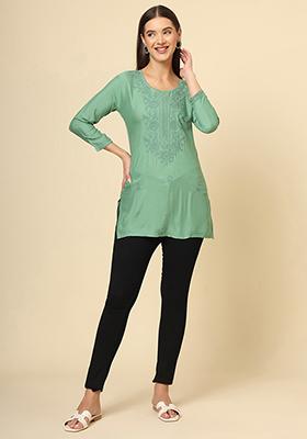 Green Resham Embroidered Rayon Kurta