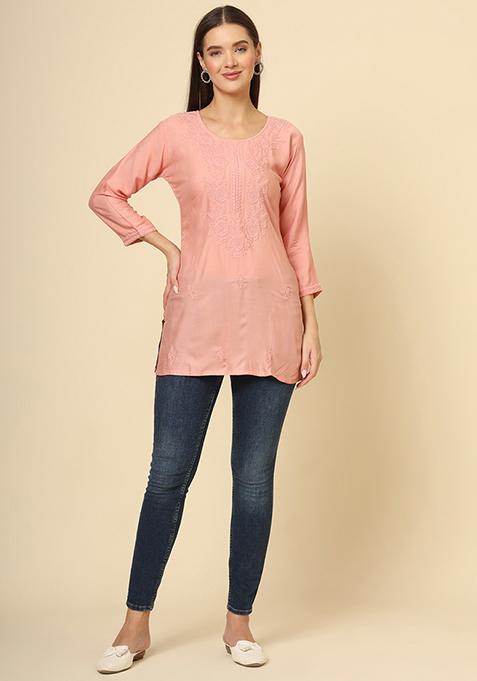 Peach Resham Embroidered Rayon Kurta