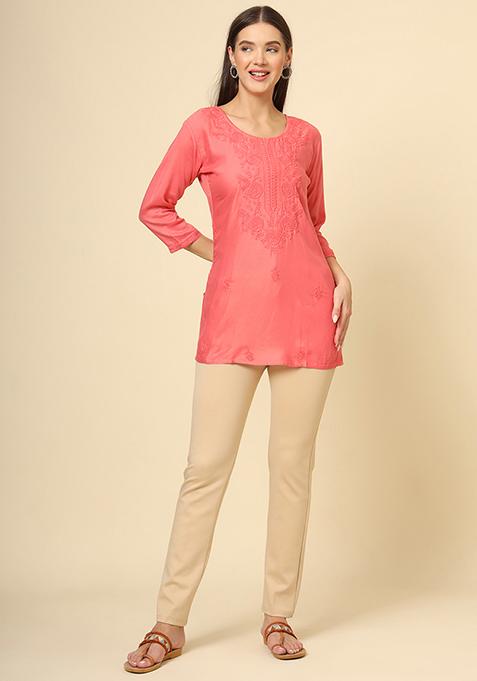 Red Resham Embroidered Rayon Kurta