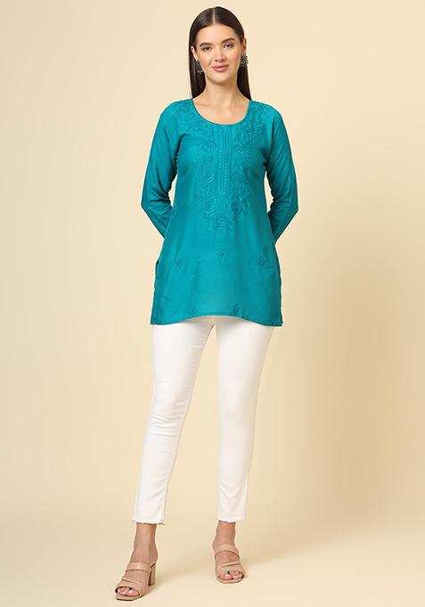 Blue Resham Embroidered Rayon Kurta