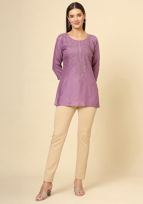 Purple Resham Embroidered Rayon Kurta