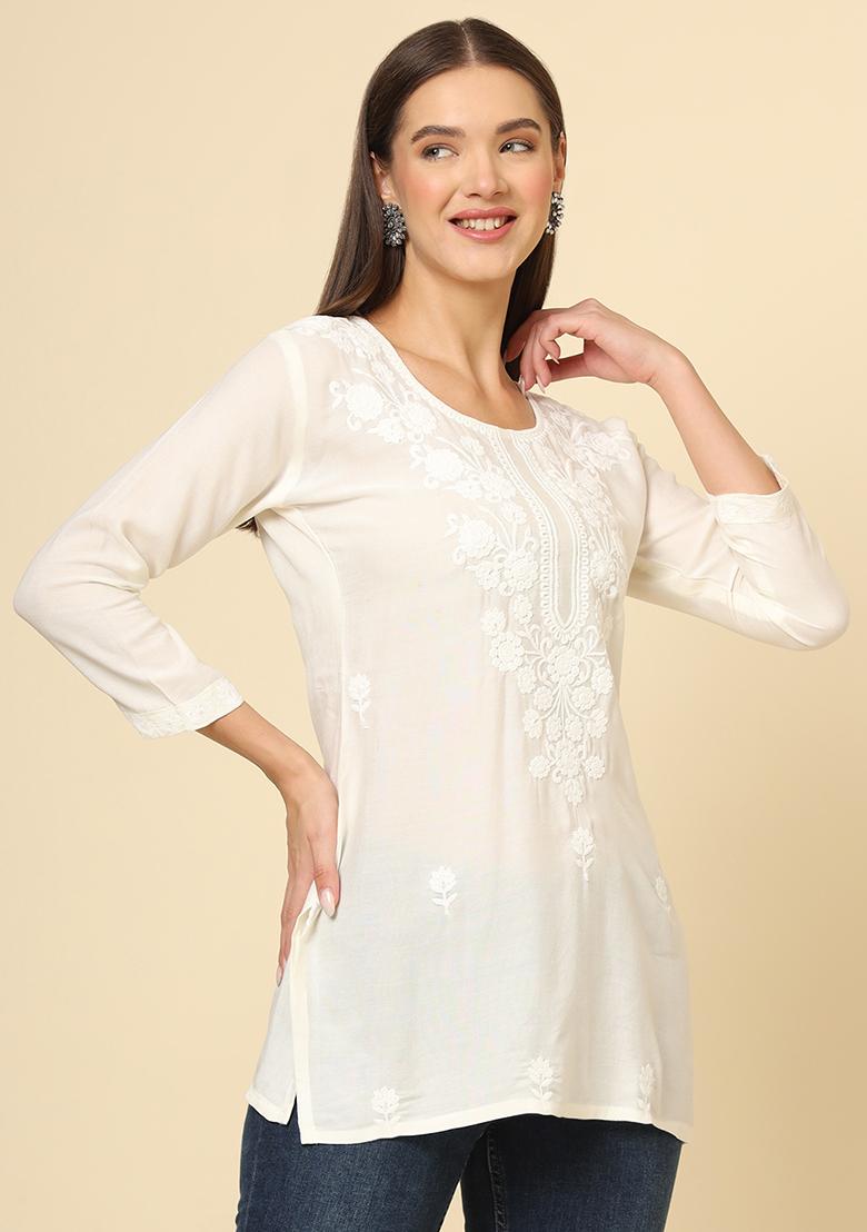 Off White Resham Embroidered Rayon Kurta