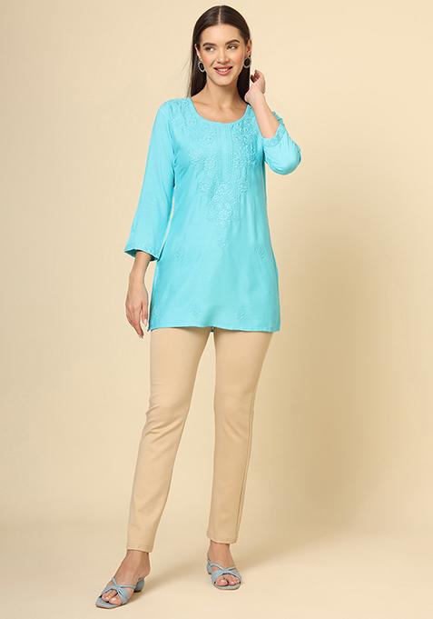 Blue Resham Embroidered Rayon Kurta