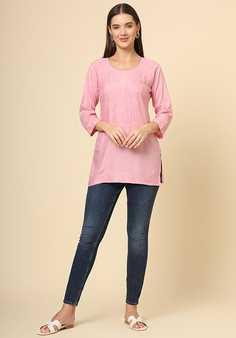 Pink Resham Embroidered Rayon Kurta