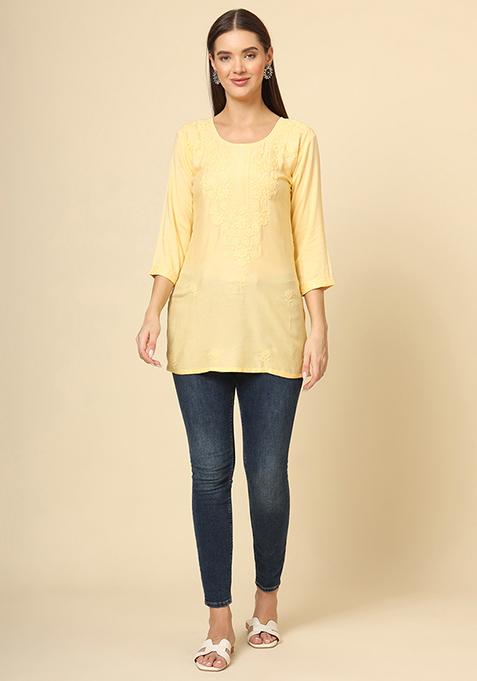 Yellow Resham Embroidered Rayon Kurta