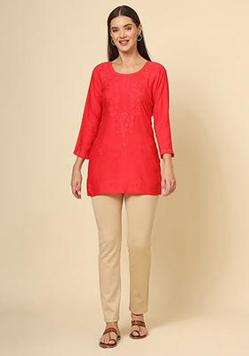 Red Resham Embroidered Rayon Kurta