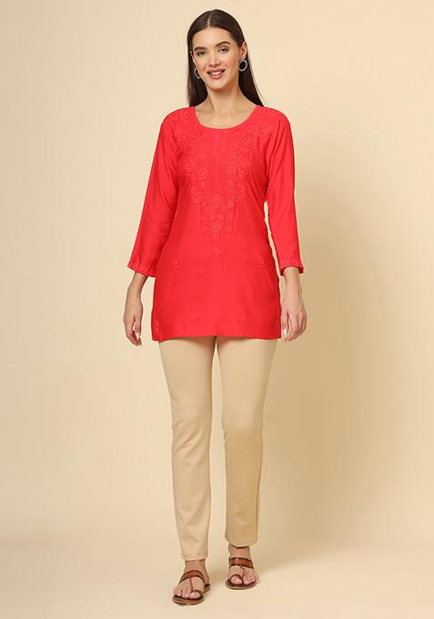 Red Resham Embroidered Rayon Kurta