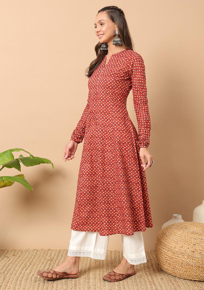 Maroon Abstract Print Cotton Kurta