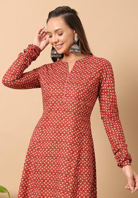 Maroon Abstract Print Cotton Kurta