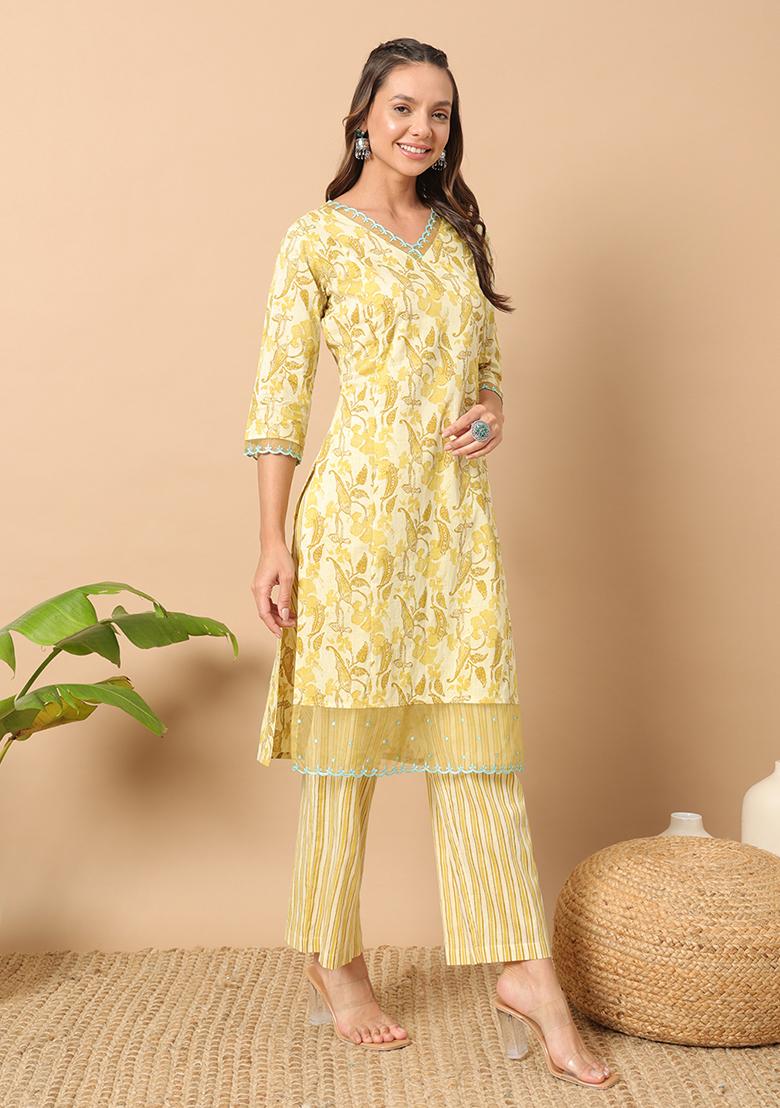 Yellow Abstract Print Cotton Kurta Set