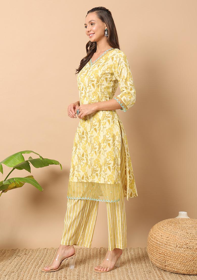 Yellow Abstract Print Cotton Kurta Set