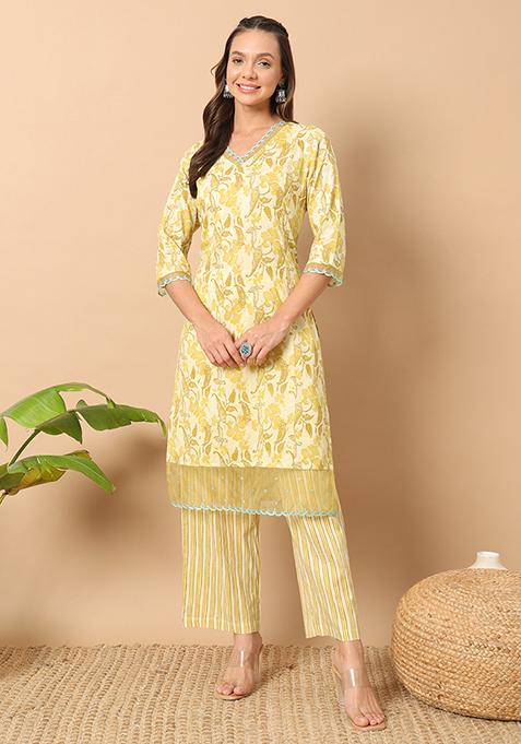 Yellow Abstract Print Cotton Kurta Set