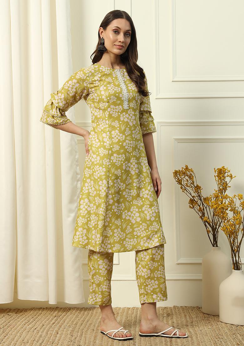 Green Abstract Print Cotton Kurta Set