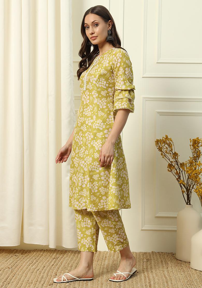 Green Abstract Print Cotton Kurta Set