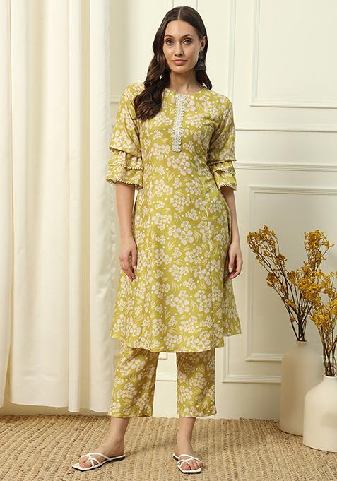 Green Abstract Print Cotton Kurta Set