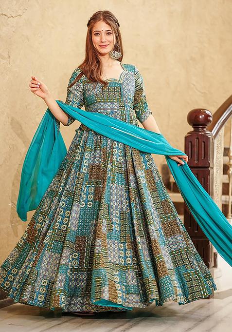 Blue Abstract Print Rayon Gown With Dupatta