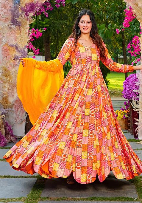 Mustard Abstract Print Rayon Gown With Dupatta