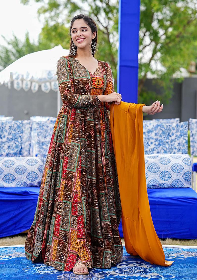 Multicolour Abstract Print Rayon Gown With Dupatta