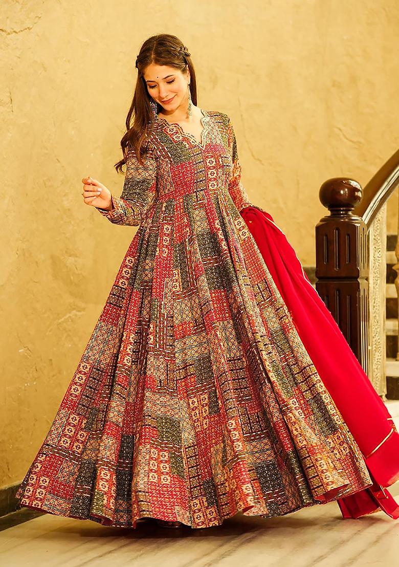 Multicolour Abstract Print Rayon Gown With Dupatta