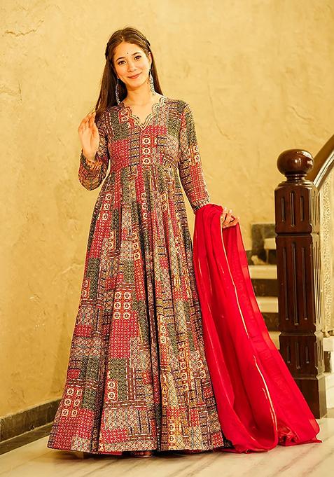 Multicolour Abstract Print Rayon Gown With Dupatta