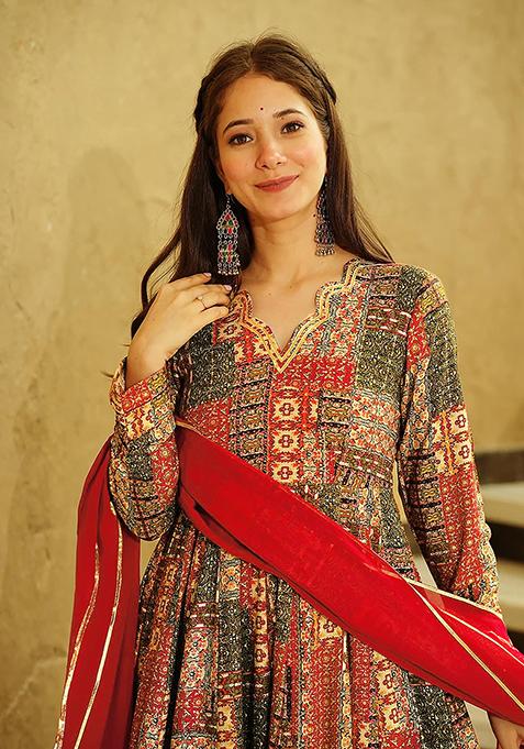 Multicolour Abstract Print Rayon Gown With Dupatta