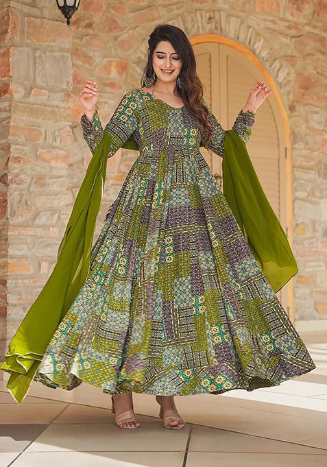 Green Abstract Print Rayon Gown With Dupatta