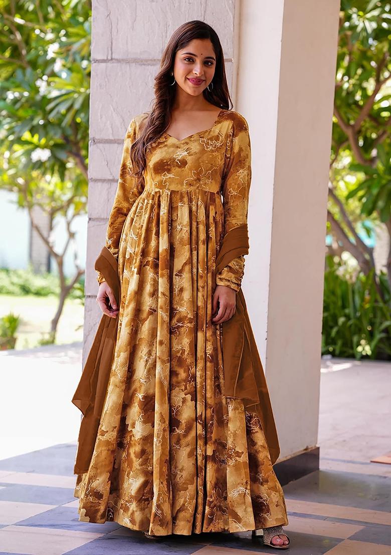 Brown Abstract Print Rayon Gown With Dupatta