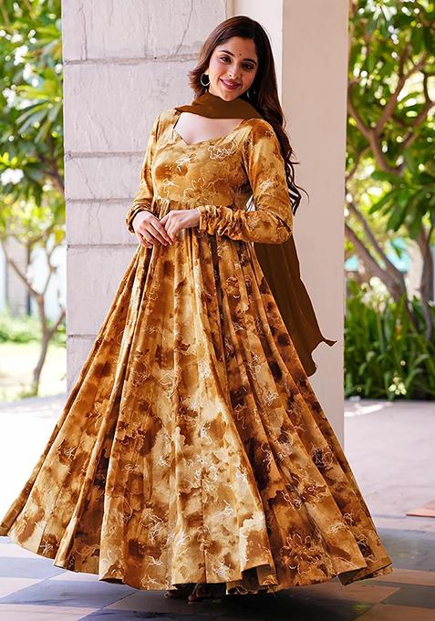 Brown Abstract Print Rayon Gown With Dupatta