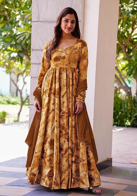 Brown Abstract Print Rayon Gown With Dupatta