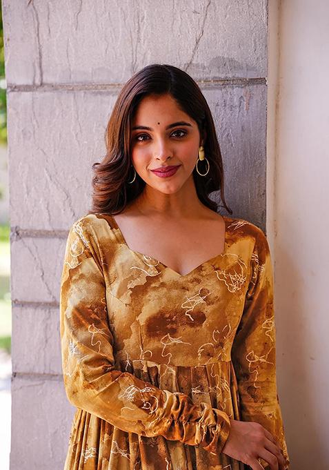 Brown Abstract Print Rayon Gown With Dupatta