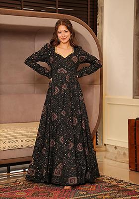 Black Abstract Print Rayon Gown With Dupatta