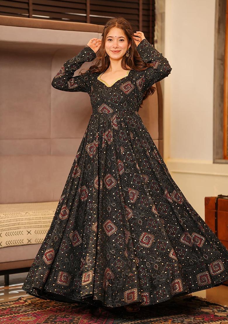 Black Abstract Print Rayon Gown With Dupatta