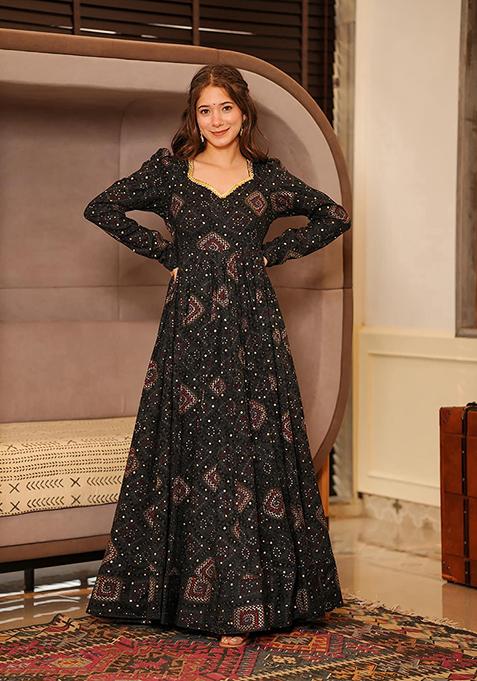 Black Abstract Print Rayon Gown With Dupatta