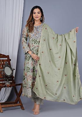 Grey Abstract Print Cotton Kurta Set