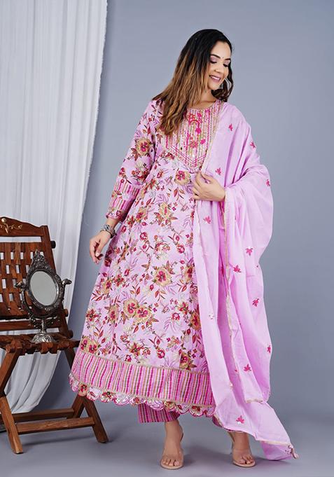 Pink Abstract Print Cotton Kurta Set