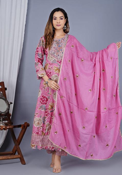 Pink Abstract Print Cotton Kurta Set