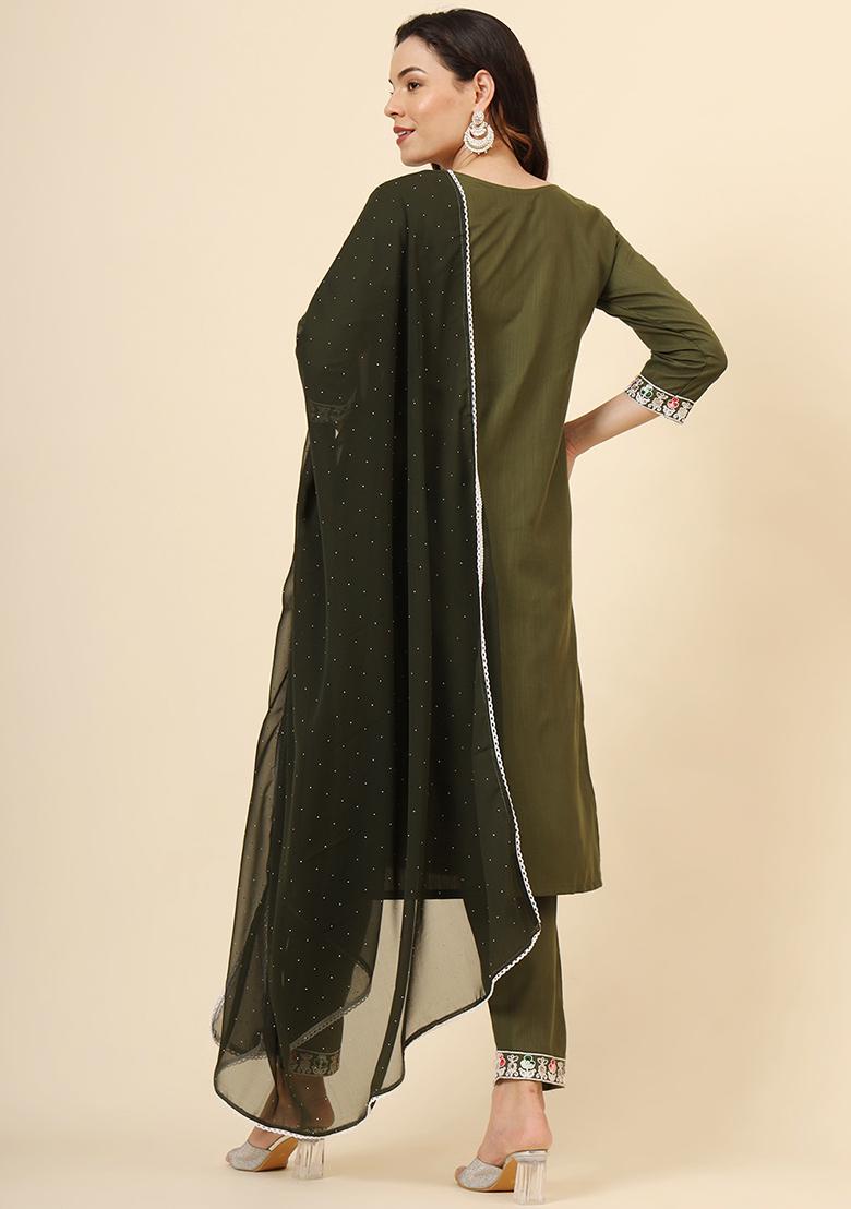 Green Resham Embroidered Cotton Kurta Set