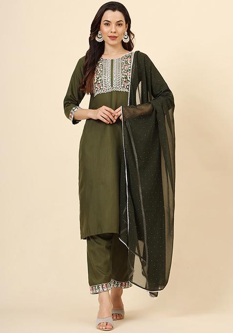 Green Resham Embroidered Cotton Kurta Set